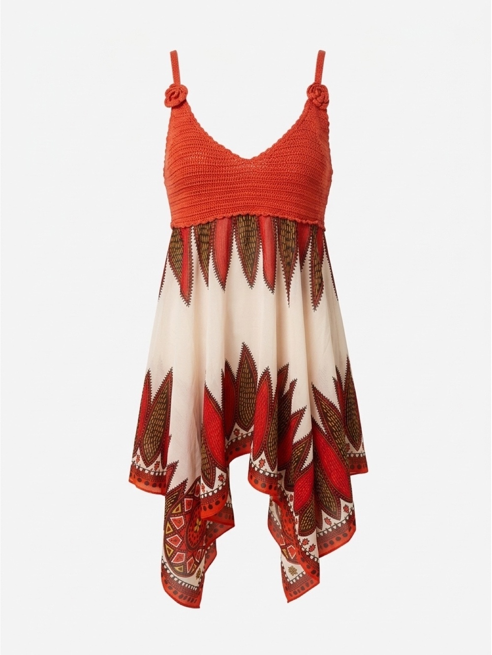 Carina Crochet Bodice Handkerchief Hem Boho Tribal Print Dress